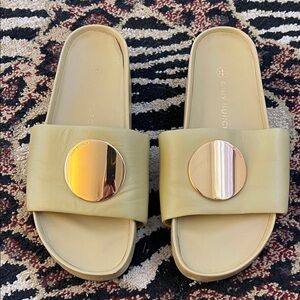 Tory Burch Gold and Cornbread Yellow Slide Sandals